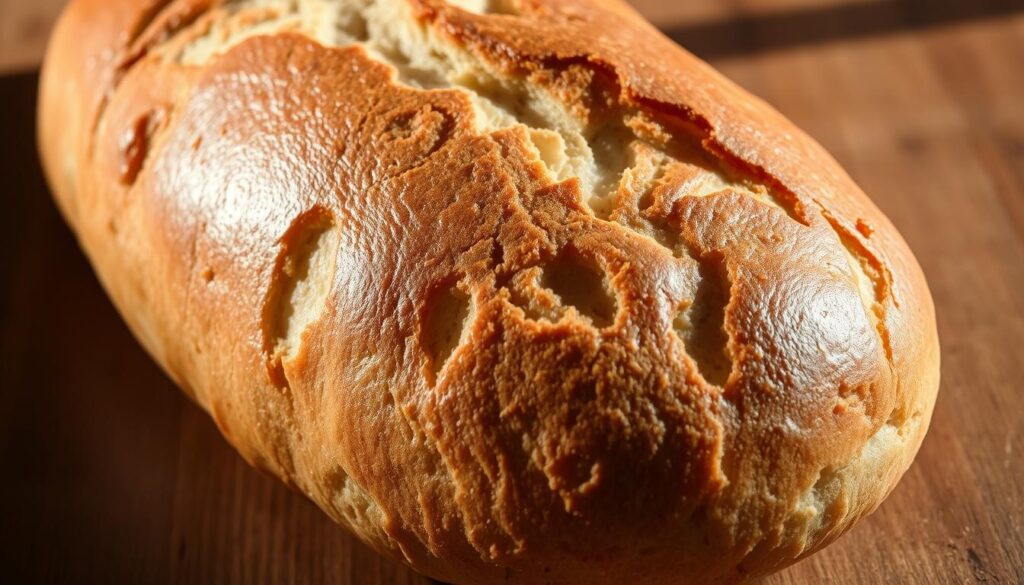 A freshly baked artisan no-knead bread, the crust glistening with a golden sheen, its crumb delicately airy and chewy. The bread is shot from a low angle, with natural lighting casting dramatic shadows that highlight the rustic texture. The backdrop is a simple wooden surface, allowing the bread to take center stage. The composition emphasizes the bread's alluring simplicity and homemade appeal, perfectly capturing the essence of the "Quick And Easy No-Knead Bread" article's section on "What Makes No-Knead Bread So Special?".
