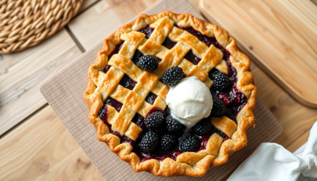 A freshly baked blackberry pie sits on a rustic wooden table, the golden crust glistening in the soft, natural lighting. The plump, juicy blackberries peek through the lattice top, enticing the viewer with their deep, vibrant hue. The pie is accompanied by a scoop of creamy vanilla ice cream, melting deliciously over the warm fruit filling. The scene is framed by a simple, country-style setting, with a woven placemat and a wooden cutting board nearby, creating a homey, inviting atmosphere. The overall composition evokes a sense of comfort, simplicity, and the pure, wholesome pleasure of indulging in this easy, yet delectable blackberry pie. A freshly baked blackberry pie sits on a rustic wooden table, the golden crust glistening in the soft, natural lighting. The plump, juicy blackberries peek through the lattice top, enticing the viewer with their deep, vibrant hue. The pie is accompanied by a scoop of creamy vanilla ice cream, melting deliciously over the warm fruit filling. The scene is framed by a simple, country-style setting, with a woven placemat and a wooden cutting board nearby, creating a homey, inviting atmosphere. The overall composition evokes a sense of comfort, simplicity, and the pure, wholesome pleasure of indulging in this easy, yet delectable blackberry pie.