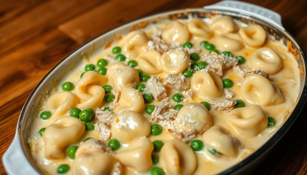A freshly baked chicken tortellini casserole, glistening with a creamy cheese sauce, sits atop a wooden table. The tortellini are plump and golden, nestled between vibrant green peas and tender shredded chicken. A light dusting of grated parmesan cheese adds a final touch of richness. The scene is illuminated by warm, soft lighting, casting a cozy and inviting atmosphere. The camera angle is slightly elevated, providing a tantalizing view of the delectable dish, ready to be served and enjoyed. A freshly baked chicken tortellini casserole, glistening with a creamy cheese sauce, sits atop a wooden table. The tortellini are plump and golden, nestled between vibrant green peas and tender shredded chicken. A light dusting of grated parmesan cheese adds a final touch of richness. The scene is illuminated by warm, soft lighting, casting a cozy and inviting atmosphere. The camera angle is slightly elevated, providing a tantalizing view of the delectable dish, ready to be served and enjoyed.