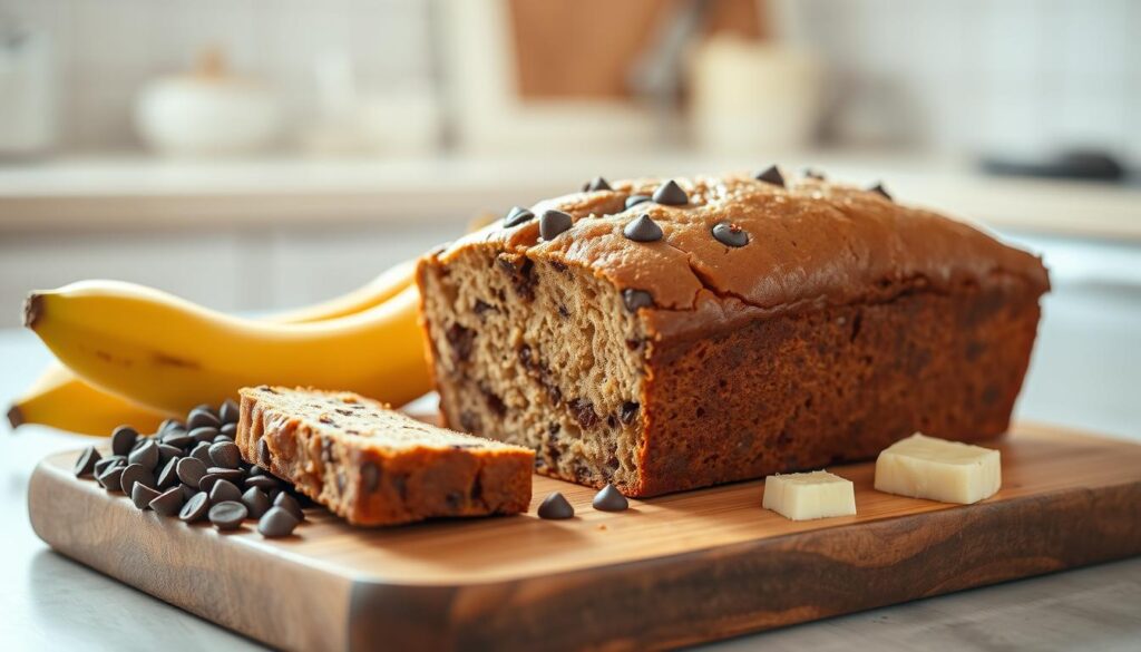 A freshly baked chocolate chip banana bread, its golden-brown crust glistening under the warm, diffused lighting of a bright kitchen. The bread sits atop a rustic wooden cutting board, surrounded by ripe bananas, a handful of chocolate chips, and a small pat of butter, hinting at the indulgent flavors within. The composition is framed by a subtly blurred background, drawing the viewer's attention to the enticing, homemade appearance of the bread. The overall scene conveys a sense of comfort, warmth, and the irresistible aroma of a beloved, classic treat. A freshly baked chocolate chip banana bread, its golden-brown crust glistening under the warm, diffused lighting of a bright kitchen. The bread sits atop a rustic wooden cutting board, surrounded by ripe bananas, a handful of chocolate chips, and a small pat of butter, hinting at the indulgent flavors within. The composition is framed by a subtly blurred background, drawing the viewer's attention to the enticing, homemade appearance of the bread. The overall scene conveys a sense of comfort, warmth, and the irresistible aroma of a beloved, classic treat.