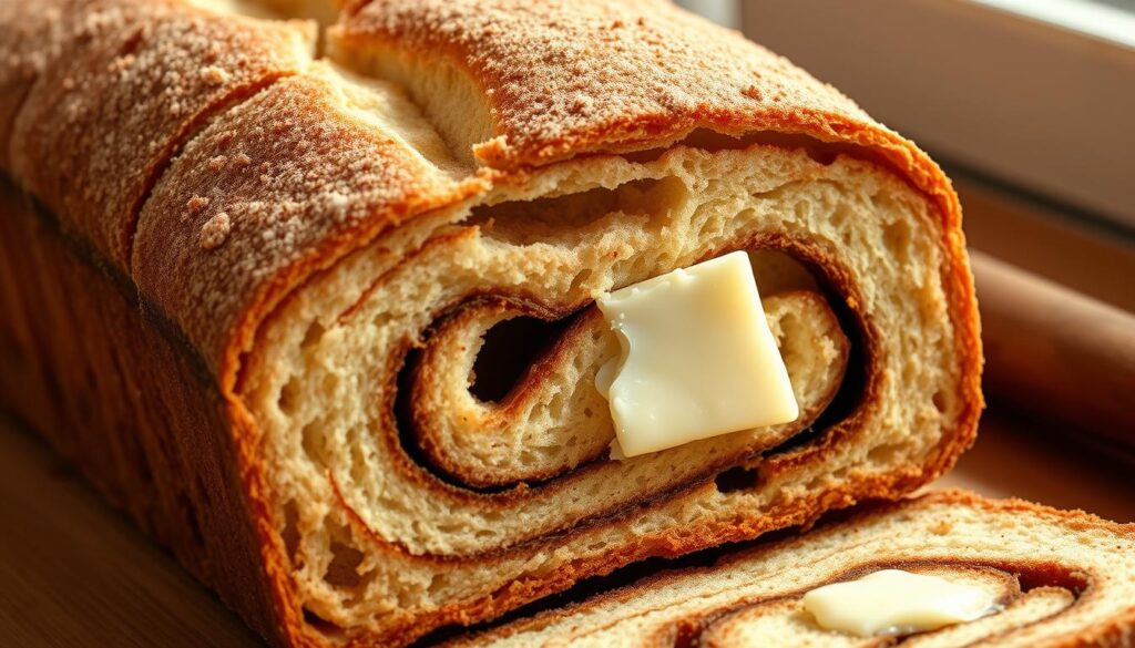 A freshly baked cinnamon loaf, its warm, aromatic steam swirling gently in the air. The top is a golden-brown crust, delicately cracked and dusted with a fine layer of cinnamon sugar. The interior is soft and pillowy, with distinct swirls of cinnamon running through the dough. A pat of butter melts slowly into the freshly sliced surface, highlighting the bread's tender crumb. The scene is illuminated by soft, natural lighting, casting a cozy glow and emphasizing the bread's inviting texture. The camera angle is slightly elevated, capturing the loaf in all its comforting glory, ready to be savored and enjoyed.