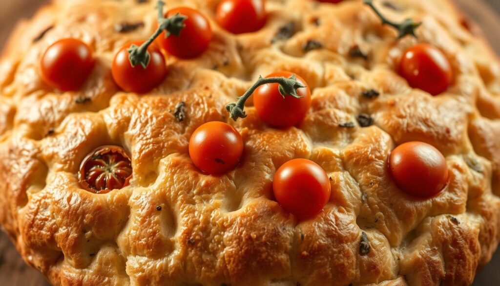 A freshly baked focaccia bread, its golden-brown crust glistening in the soft, warm lighting. The top is dotted with plump, juicy cherry tomatoes, their vibrant hues creating a captivating contrast. The focaccia's surface is dimpled with indentations, a signature feature that traps pockets of olive oil and herbs. The dough has a light, airy texture, with a fluffy interior that draws the eye. The composition showcases the bread in a close-up, centered view, allowing the viewer to appreciate the artisanal details and the inviting sensory experience of this iconic Italian bread. A freshly baked focaccia bread, its golden-brown crust glistening in the soft, warm lighting. The top is dotted with plump, juicy cherry tomatoes, their vibrant hues creating a captivating contrast. The focaccia's surface is dimpled with indentations, a signature feature that traps pockets of olive oil and herbs. The dough has a light, airy texture, with a fluffy interior that draws the eye. The composition showcases the bread in a close-up, centered view, allowing the viewer to appreciate the artisanal details and the inviting sensory experience of this iconic Italian bread.