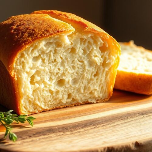 A freshly baked, golden-crusted loaf of homemade quick bread, with a soft, airy interior and a delicate crumb. The bread is nestled on a rustic wooden board, with a handful of fresh herbs and a drizzle of honey or jam beside it. Warm, natural lighting from the side bathes the scene in a cozy, inviting glow, casting gentle shadows and highlighting the bread's appealing texture. The overall atmosphere conveys the simple pleasure and satisfaction of creating a wholesome, homemade quick bread in a matter of minutes.