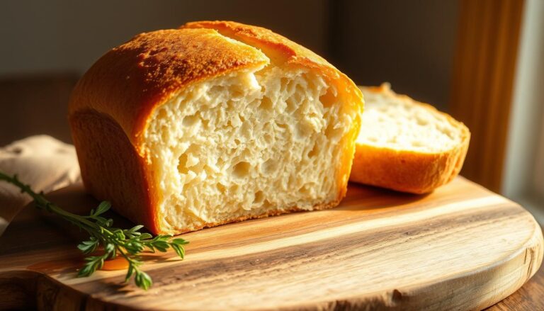 A freshly baked, golden-crusted loaf of homemade quick bread, with a soft, airy interior and a delicate crumb. The bread is nestled on a rustic wooden board, with a handful of fresh herbs and a drizzle of honey or jam beside it. Warm, natural lighting from the side bathes the scene in a cozy, inviting glow, casting gentle shadows and highlighting the bread's appealing texture. The overall atmosphere conveys the simple pleasure and satisfaction of creating a wholesome, homemade quick bread in a matter of minutes.