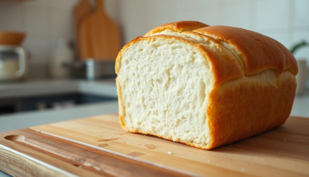 A freshly baked homemade sandwich bread, its golden-brown crust glistening under natural lighting. The soft, fluffy crumb reveals the delicate texture of the dough, kneaded with care. In the foreground, the bread sits prominently on a wooden cutting board, inviting a close-up view. In the background, a simple, uncluttered kitchen setting with minimal details emphasizes the focus on the bread itself. The lighting is warm and diffused, creating a comforting, homely atmosphere. The overall composition evokes a sense of nourishment, simplicity, and the satisfaction of homemade baking. A freshly baked homemade sandwich bread, its golden-brown crust glistening under natural lighting. The soft, fluffy crumb reveals the delicate texture of the dough, kneaded with care. In the foreground, the bread sits prominently on a wooden cutting board, inviting a close-up view. In the background, a simple, uncluttered kitchen setting with minimal details emphasizes the focus on the bread itself. The lighting is warm and diffused, creating a comforting, homely atmosphere. The overall composition evokes a sense of nourishment, simplicity, and the satisfaction of homemade baking.