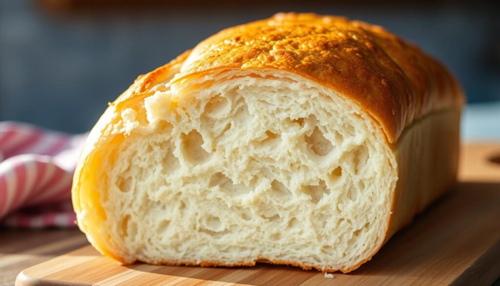 A freshly baked loaf of yeastless bread, its golden-brown crust glistening under warm, natural lighting. The interior is soft and airy, with a delicate crumb structure. The bread is presented on a simple wooden cutting board, showcasing its rustic, homemade appearance. The scene exudes a cozy, inviting atmosphere, perfect for a hearty, satisfying meal. A tight, close-up framing emphasizes the texture and mouthwatering quality of this unique, yeast-free bread. Captured with a sharp, high-resolution lens to highlight every detail.
