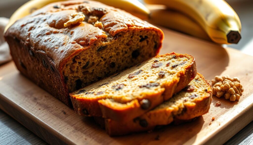 A freshly baked, moist and aromatic banana bread, golden-brown crust glistening under natural sunlight, sliced open to reveal a soft, dense interior flecked with dark banana chunks. The bread is artfully arranged on a rustic wooden cutting board, accompanied by a few ripe, fresh bananas and a sprinkling of chopped walnuts. The scene is captured with a shallow depth of field, creating a cozy, inviting atmosphere that highlights the tempting textures and flavors of this homemade treat. A freshly baked, moist and aromatic banana bread, golden-brown crust glistening under natural sunlight, sliced open to reveal a soft, dense interior flecked with dark banana chunks. The bread is artfully arranged on a rustic wooden cutting board, accompanied by a few ripe, fresh bananas and a sprinkling of chopped walnuts. The scene is captured with a shallow depth of field, creating a cozy, inviting atmosphere that highlights the tempting textures and flavors of this homemade treat.
