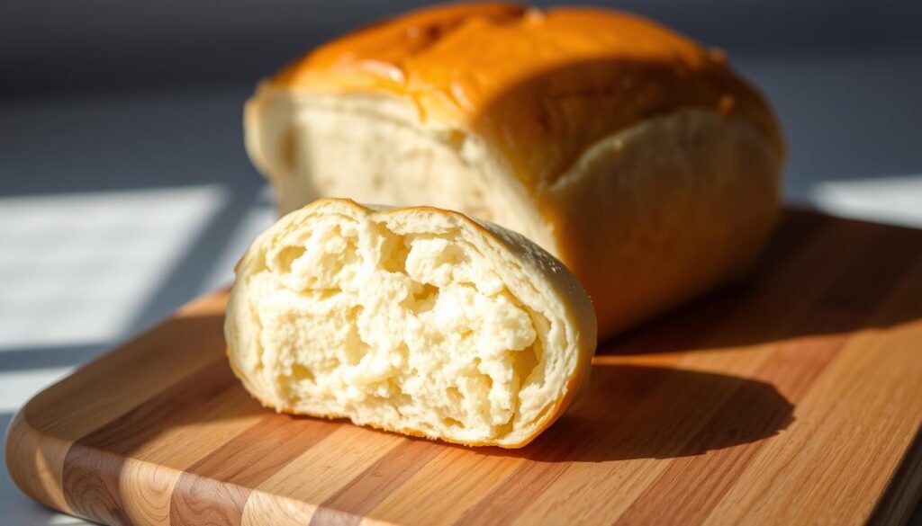 A freshly baked no-oven stovetop bread, soft and fluffy, sits on a wooden cutting board. The golden crust glistens under warm, natural lighting, casting inviting shadows. In the foreground, the bread's interior is revealed, showcasing an airy, pillow-like crumb structure. The composition is simple yet elegant, allowing the bread's texture and homemade appeal to take center stage. The background is softly blurred, creating a focus on the bread's artisanal quality. This image perfectly captures the essence of a delicious, easy-to-make no-oven stovetop bread. A freshly baked no-oven stovetop bread, soft and fluffy, sits on a wooden cutting board. The golden crust glistens under warm, natural lighting, casting inviting shadows. In the foreground, the bread's interior is revealed, showcasing an airy, pillow-like crumb structure. The composition is simple yet elegant, allowing the bread's texture and homemade appeal to take center stage. The background is softly blurred, creating a focus on the bread's artisanal quality. This image perfectly captures the essence of a delicious, easy-to-make no-oven stovetop bread.