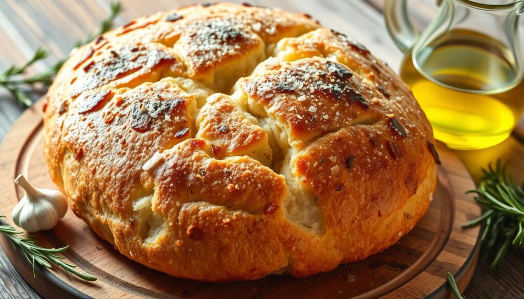 A freshly baked, rustic focaccia bread, straight from a traditional Italian bakery. The fluffy, golden crust is lightly charred, revealing the airy interior crumb. Drizzled with fragrant olive oil and sprinkled with flaky sea salt, fresh rosemary, and garlic. The bread rests on a worn wooden board, surrounded by a few scattered ingredients - sprigs of rosemary, a garlic bulb, and a glass pitcher of olive oil. The scene is bathed in warm, natural lighting, casting soft shadows and highlighting the texture of the bread. The overall composition evokes the authentic, homespun origins of this iconic Italian flatbread. A freshly baked, rustic focaccia bread, straight from a traditional Italian bakery. The fluffy, golden crust is lightly charred, revealing the airy interior crumb. Drizzled with fragrant olive oil and sprinkled with flaky sea salt, fresh rosemary, and garlic. The bread rests on a worn wooden board, surrounded by a few scattered ingredients - sprigs of rosemary, a garlic bulb, and a glass pitcher of olive oil. The scene is bathed in warm, natural lighting, casting soft shadows and highlighting the texture of the bread. The overall composition evokes the authentic, homespun origins of this iconic Italian flatbread.