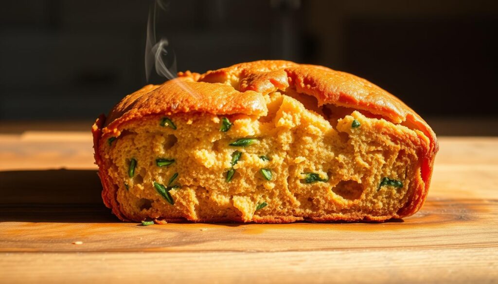 A freshly baked vegan zucchini bread, its golden crust glistening with a light sheen, rests on a rustic wooden surface. The interior, moist and tender, is studded with flecks of vibrant green zucchini. Wisps of steam rise from the fragrant loaf, inviting the viewer to imagine the comforting aroma. The scene is bathed in warm, natural lighting, casting soft shadows and highlighting the bread's appealing texture. The composition is balanced, with the bread positioned in the center, surrounded by a minimal, uncluttered background that allows the focus to remain on the delectable vegan treat. A freshly baked vegan zucchini bread, its golden crust glistening with a light sheen, rests on a rustic wooden surface. The interior, moist and tender, is studded with flecks of vibrant green zucchini. Wisps of steam rise from the fragrant loaf, inviting the viewer to imagine the comforting aroma. The scene is bathed in warm, natural lighting, casting soft shadows and highlighting the bread's appealing texture. The composition is balanced, with the bread positioned in the center, surrounded by a minimal, uncluttered background that allows the focus to remain on the delectable vegan treat.