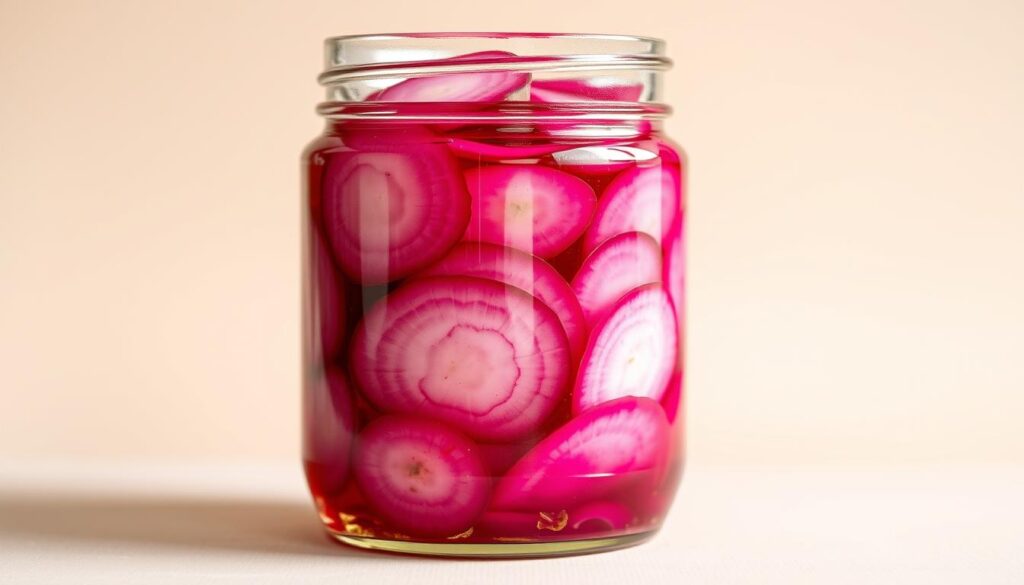 A glass jar filled with vibrant purple-red turnips submerged in a brine of apple cider vinegar, garlic, and aromatic spices. The turnips are sliced into thin, even rounds, showcasing their crisp, crunchy texture. Bright, soft lighting illuminates the contents, highlighting the vivid hues and reflecting off the glass surface. The image conveys a sense of freshness, health, and traditional preservation methods. The background is a plain, neutral tone that allows the pickled turnips to be the focal point. The overall composition is clean, simple, and visually appealing, suitable for illustrating the section on "What Are Pickled Turnips?"