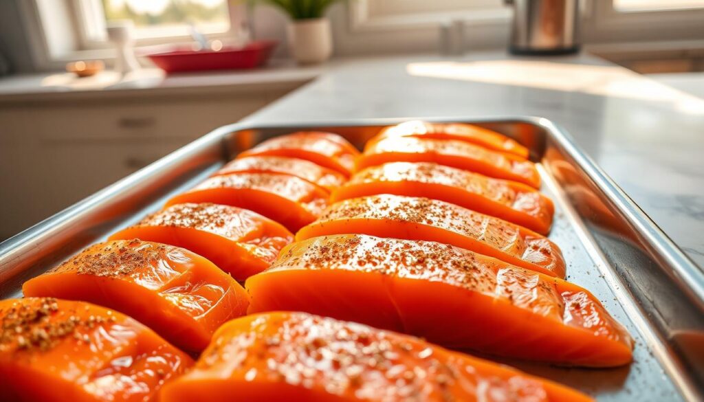 A gleaming tray of fresh salmon fillets, their vibrant orange hues shimmering under the warm glow of a well-lit kitchen. The fillets are arranged neatly, their surfaces lightly dusted with a blend of aromatic spices, ready to be baked to perfection. In the background, a crisp, clean marble countertop provides a pristine backdrop, while natural light filters in through a nearby window, casting a gentle, golden illumination across the scene. The overall mood is one of culinary expertise and mouthwatering anticipation, inviting the viewer to imagine the delectable flavors and textures that await. A gleaming tray of fresh salmon fillets, their vibrant orange hues shimmering under the warm glow of a well-lit kitchen. The fillets are arranged neatly, their surfaces lightly dusted with a blend of aromatic spices, ready to be baked to perfection. In the background, a crisp, clean marble countertop provides a pristine backdrop, while natural light filters in through a nearby window, casting a gentle, golden illumination across the scene. The overall mood is one of culinary expertise and mouthwatering anticipation, inviting the viewer to imagine the delectable flavors and textures that await.