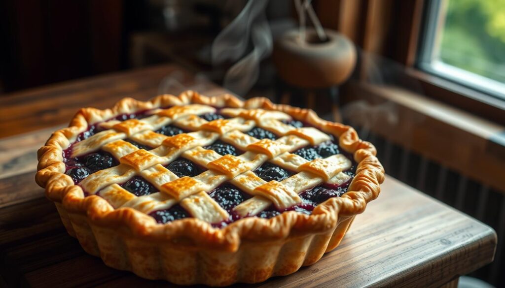 A golden-brown blackberry pie, fresh from the oven, sits on a rustic wooden table. The flaky, buttery crust has a delicate lattice pattern, revealing the glistening purple berries beneath. Plumes of aromatic steam rise up, enticing the senses. Soft, natural lighting from a nearby window casts a warm, inviting glow, highlighting the pie's alluring texture and depth. The setting evokes a cozy, comforting atmosphere, perfect for savoring every mouthwatering bite of this dreamy blackberry dessert. A golden-brown blackberry pie, fresh from the oven, sits on a rustic wooden table. The flaky, buttery crust has a delicate lattice pattern, revealing the glistening purple berries beneath. Plumes of aromatic steam rise up, enticing the senses. Soft, natural lighting from a nearby window casts a warm, inviting glow, highlighting the pie's alluring texture and depth. The setting evokes a cozy, comforting atmosphere, perfect for savoring every mouthwatering bite of this dreamy blackberry dessert.