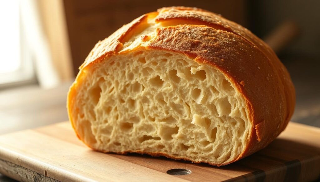 A golden-brown loaf of homemade bread, crisp and flaky crust, fresh out of the oven, resting on a rustic wooden cutting board. Soft, airy interior with a light, yeasty scent wafting through the air. Warm lighting from above casts a natural glow, highlighting the texture and inviting the viewer to tear off a fresh slice. The scene is simple yet elegant, capturing the essence of homemade bread at its finest, ready to be enjoyed as part of a nourishing meal.