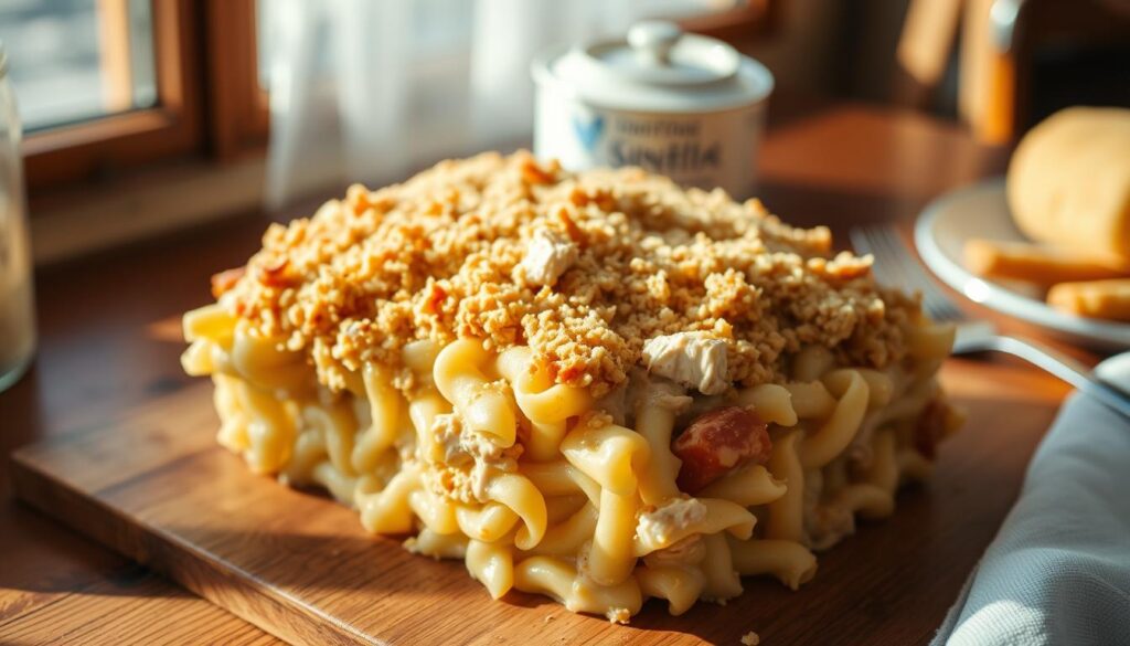 A golden-brown tuna noodle casserole, fresh from the oven, sits atop a wooden table. The casserole is filled with tender noodles, flaky tuna, and a creamy, comforting sauce, topped with a crunchy breadcrumb topping. The scene is bathed in warm, natural lighting, casting a cozy and inviting atmosphere. The camera is positioned at a slightly elevated angle, capturing the dish in all its homemade glory, ready to be savored. A golden-brown tuna noodle casserole, fresh from the oven, sits atop a wooden table. The casserole is filled with tender noodles, flaky tuna, and a creamy, comforting sauce, topped with a crunchy breadcrumb topping. The scene is bathed in warm, natural lighting, casting a cozy and inviting atmosphere. The camera is positioned at a slightly elevated angle, capturing the dish in all its homemade glory, ready to be savored.