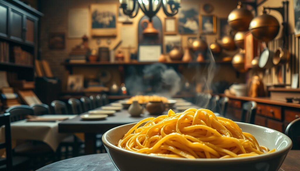 A grand, vintage dining hall filled with history and culinary tradition. In the foreground, a steaming bowl of buttered noodles takes center stage, the rich, golden butter glistening and the noodles perfectly al dente. The middle ground features a collage of nostalgic imagery - old cookbooks, family recipes, and sepia-toned photographs of cherished meals from generations past. The background depicts a warm, softly lit kitchen, with antique copper pots and pans hanging on the walls, evoking a sense of timeless comfort and the enduring legacy of this beloved dish. The overall atmosphere is one of reverence and appreciation for the cultural significance and enduring appeal of the humble yet delectable buttered noodle. A grand, vintage dining hall filled with history and culinary tradition. In the foreground, a steaming bowl of buttered noodles takes center stage, the rich, golden butter glistening and the noodles perfectly al dente. The middle ground features a collage of nostalgic imagery - old cookbooks, family recipes, and sepia-toned photographs of cherished meals from generations past. The background depicts a warm, softly lit kitchen, with antique copper pots and pans hanging on the walls, evoking a sense of timeless comfort and the enduring legacy of this beloved dish. The overall atmosphere is one of reverence and appreciation for the cultural significance and enduring appeal of the humble yet delectable buttered noodle.