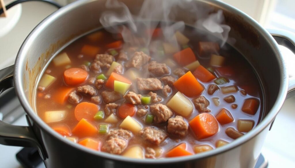 A hearty and comforting hamburger vegetable soup simmering in a large pot, with chunks of tender ground beef, vibrant carrots, celery, and onions in a savory broth. The light from a window casts a warm glow across the scene, illuminating the steam rising from the pot. The image has a cozy, homemade atmosphere, inviting the viewer to imagine the delicious aroma and satisfying flavor of this easy-to-prepare soup. A hearty and comforting hamburger vegetable soup simmering in a large pot, with chunks of tender ground beef, vibrant carrots, celery, and onions in a savory broth. The light from a window casts a warm glow across the scene, illuminating the steam rising from the pot. The image has a cozy, homemade atmosphere, inviting the viewer to imagine the delicious aroma and satisfying flavor of this easy-to-prepare soup.