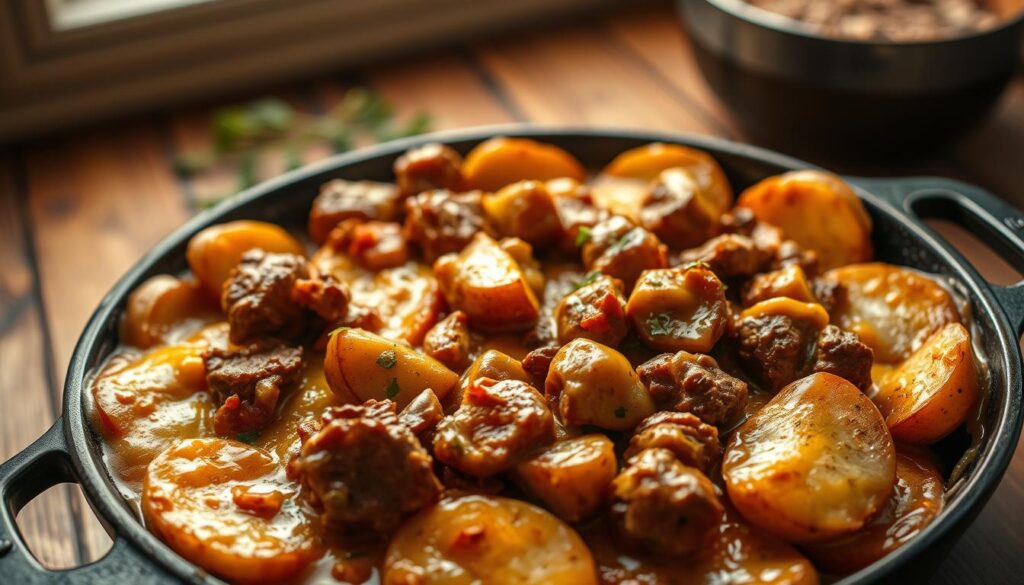A hearty and inviting dish of Cheesy One Pot Beef and Potatoes takes center stage, illuminated by warm, natural lighting that casts a cozy glow. In the foreground, tender beef chunks and sliced potatoes are nestled together in a cast-iron skillet, their surfaces adorned with a generous layer of melted, golden-brown cheese. The middle ground reveals a mouthwatering blend of savory spices and herbs, complementing the rich flavors. The background features a rustic, farmhouse-inspired setting, with wooden surfaces and a hint of greenery, evoking a sense of homemade comfort. The overall scene exudes an appetizing, comforting atmosphere, perfectly capturing the essence of the "Cheesy One Pot Beef and Potatoes" dish.