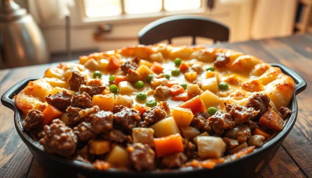 A hearty, homestyle casserole dish, with a golden, bubbly crust and a rich, savory filling. In the foreground, chunky pieces of tender ground beef, simmered with fragrant onions, garlic, and a blend of warm spices. In the middle, a creamy, comforting mixture of potatoes, carrots, and peas, encased in a thick, béchamel-style sauce. The background features a rustic, wooden table, with a weathered, antique charm, set against a cozy, softly-lit interior, evoking the humble, rustic origins of this classic, comforting meal. Bright, natural lighting casts a welcoming glow, conveying the simple, unpretentious nature of this homespun dish. A hearty, homestyle casserole dish, with a golden, bubbly crust and a rich, savory filling. In the foreground, chunky pieces of tender ground beef, simmered with fragrant onions, garlic, and a blend of warm spices. In the middle, a creamy, comforting mixture of potatoes, carrots, and peas, encased in a thick, béchamel-style sauce. The background features a rustic, wooden table, with a weathered, antique charm, set against a cozy, softly-lit interior, evoking the humble, rustic origins of this classic, comforting meal. Bright, natural lighting casts a welcoming glow, conveying the simple, unpretentious nature of this homespun dish.