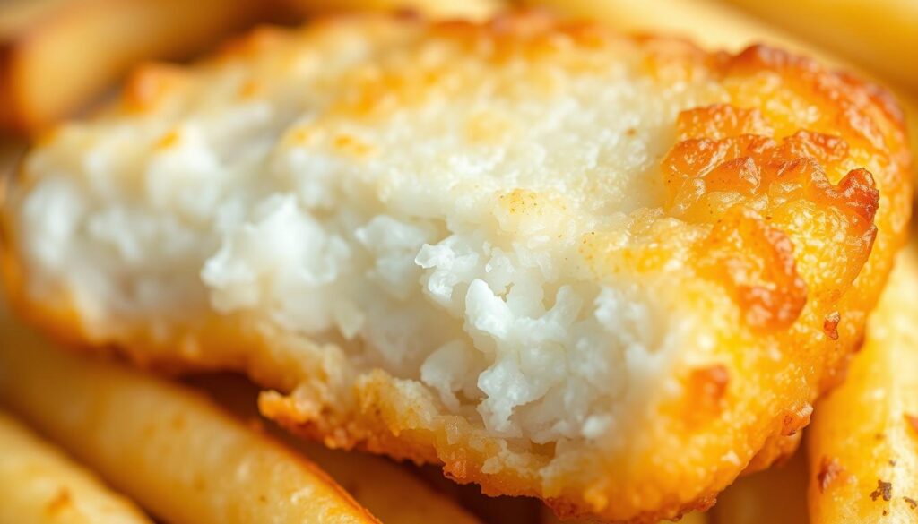A high-detailed, closeup photograph of a fresh, moist cod fillet with a golden-brown, crispy beer-battered exterior. The fish texture appears firm yet flaky, with subtle visual patterns. The lighting is soft and natural, highlighting the cod's creamy white flesh and the batter's delicate crunch. The background is slightly blurred, placing the focus on the cod's appetizing appearance and texture. The overall composition conveys the cod's delectable flavor and the enticing qualities that make it an ideal choice for a classic beer-battered fish and chips dish. A high-detailed, closeup photograph of a fresh, moist cod fillet with a golden-brown, crispy beer-battered exterior. The fish texture appears firm yet flaky, with subtle visual patterns. The lighting is soft and natural, highlighting the cod's creamy white flesh and the batter's delicate crunch. The background is slightly blurred, placing the focus on the cod's appetizing appearance and texture. The overall composition conveys the cod's delectable flavor and the enticing qualities that make it an ideal choice for a classic beer-battered fish and chips dish.