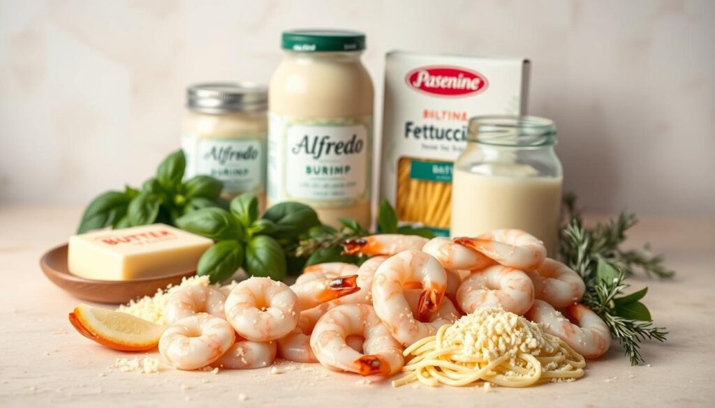 A high-quality image of the essential ingredients for creamy shrimp alfredo, shot in soft, even lighting against a clean, neutral background. In the foreground, arrange a selection of fresh shrimp, grated parmesan cheese, and a wedge of lemon. In the middle ground, display a jar of alfredo sauce, a block of butter, and a bundle of fresh basil. In the background, place a box of fettuccine noodles and a sprig of rosemary. Capture the scene at a slight overhead angle with a shallow depth of field to emphasize the key ingredients. Convey a warm, appetizing atmosphere that suggests the comforting flavors of this classic pasta dish. A high-quality image of the essential ingredients for creamy shrimp alfredo, shot in soft, even lighting against a clean, neutral background. In the foreground, arrange a selection of fresh shrimp, grated parmesan cheese, and a wedge of lemon. In the middle ground, display a jar of alfredo sauce, a block of butter, and a bundle of fresh basil. In the background, place a box of fettuccine noodles and a sprig of rosemary. Capture the scene at a slight overhead angle with a shallow depth of field to emphasize the key ingredients. Convey a warm, appetizing atmosphere that suggests the comforting flavors of this classic pasta dish.