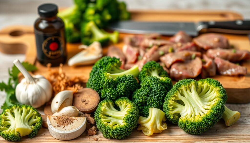 A high-quality still life arrangement featuring the essential ingredients for a classic beef and broccoli dish. The foreground showcases fresh broccoli florets, thinly sliced beef, and a blend of aromatic spices and herbs including garlic, ginger, soy sauce, and sesame oil. In the middle ground, a wooden cutting board and sharp chef's knife provide a rustic contrast. The background is softly blurred, emphasizing the focus on the fresh, vibrant ingredients. The lighting is natural and diffused, creating gentle shadows and highlights that accentuate the textures and colors. The overall mood is one of simplicity, freshness, and culinary anticipation.