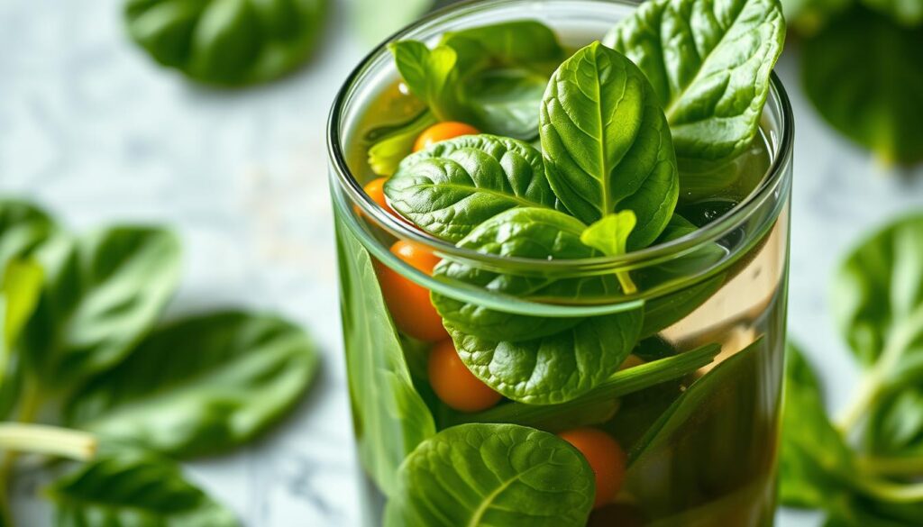 A high-resolution, hyper-realistic image of fresh spinach leaves and vegetables floating in a water-filled glass. The spinach leaves are vibrant green, glistening with moisture, and appear to be freshly picked. The glass is made of clear glass, capturing the transparency of the water and the vivid colors of the produce. The lighting is soft and diffused, creating a warm, natural atmosphere. The composition is balanced, with the spinach leaves and vegetables arranged in a visually appealing manner, drawing the viewer's attention to the health benefits of the ingredients. The image conveys a sense of freshness, vitality, and the nutritional value of spinach in a smoothie. A high-resolution, hyper-realistic image of fresh spinach leaves and vegetables floating in a water-filled glass. The spinach leaves are vibrant green, glistening with moisture, and appear to be freshly picked. The glass is made of clear glass, capturing the transparency of the water and the vivid colors of the produce. The lighting is soft and diffused, creating a warm, natural atmosphere. The composition is balanced, with the spinach leaves and vegetables arranged in a visually appealing manner, drawing the viewer's attention to the health benefits of the ingredients. The image conveys a sense of freshness, vitality, and the nutritional value of spinach in a smoothie.