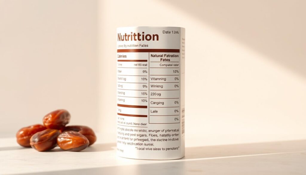 A high-resolution, photorealistic image of a nutritional information panel highlighting the key nutritional values and benefits of dates. The panel is displayed against a clean, minimalistic background with soft, warm lighting from the side, creating dimensional shadows and highlights. The panel showcases the calorie content, fiber, vitamin, and mineral content of dates in a clear, easy-to-read format. The overall composition conveys the healthy, natural, and wholesome qualities of dates as a natural sweetener alternative to processed sugars. A high-resolution, photorealistic image of a nutritional information panel highlighting the key nutritional values and benefits of dates. The panel is displayed against a clean, minimalistic background with soft, warm lighting from the side, creating dimensional shadows and highlights. The panel showcases the calorie content, fiber, vitamin, and mineral content of dates in a clear, easy-to-read format. The overall composition conveys the healthy, natural, and wholesome qualities of dates as a natural sweetener alternative to processed sugars.
