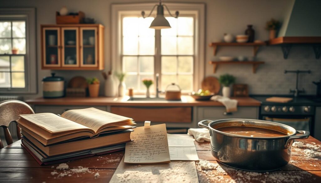 A homestyle kitchen, sunlit through wide windows, filled with the aroma of beloved family recipes. Atop a wooden table, a collection of well-worn cookbooks, handwritten notes, and a tattered recipe card - the cherished foundations of generations of comfort food. Flour-dusted countertops and a simmering pot of savory gravy hint at the care and tradition behind every bite. The scene exudes a sense of nostalgia, warmth, and the universal joy of shared meals. A quintessential representation of "family favorite recipes" - a touchstone of domestic bliss. A homestyle kitchen, sunlit through wide windows, filled with the aroma of beloved family recipes. Atop a wooden table, a collection of well-worn cookbooks, handwritten notes, and a tattered recipe card - the cherished foundations of generations of comfort food. Flour-dusted countertops and a simmering pot of savory gravy hint at the care and tradition behind every bite. The scene exudes a sense of nostalgia, warmth, and the universal joy of shared meals. A quintessential representation of "family favorite recipes" - a touchstone of domestic bliss.