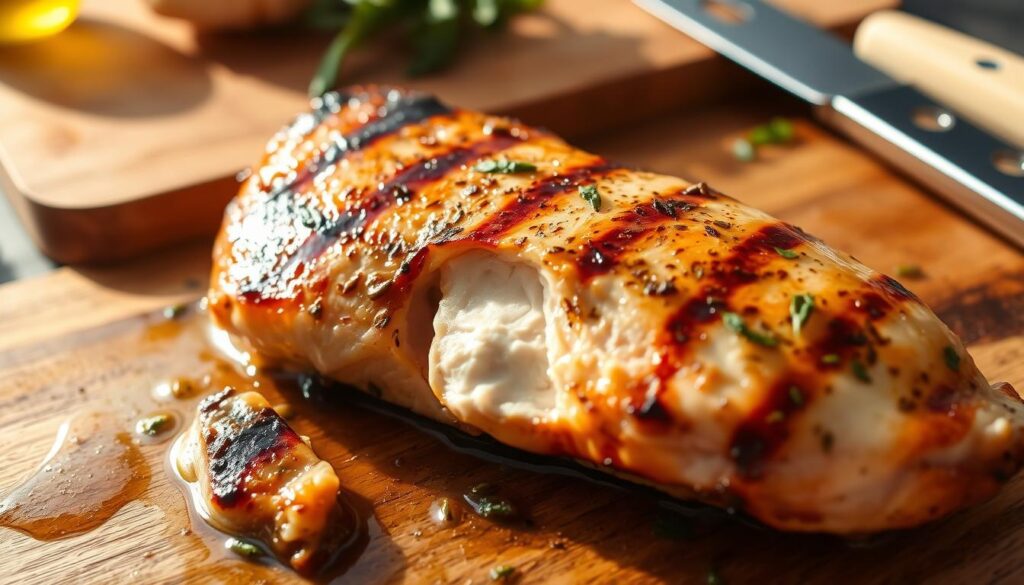 A juicy, grilled chicken breast glistens in the warm, afternoon sunlight, its surface lightly charred from the flames. In the foreground, a marinade of olive oil, lemon juice, garlic, and fragrant herbs coats the chicken, infusing it with bold Mediterranean flavors. The middle ground showcases the benefits of this marinade, with the meat retaining its moisture and tenderness, a stark contrast to the crisp, golden-brown skin. In the background, a rustic wooden cutting board and simple kitchen utensils set the scene, underscoring the ease and simplicity of this culinary technique. The overall mood is one of inviting, mouth-watering deliciousness, capturing the essence of the "Easy Mediterranean Chicken Marinade for Juicy Grilled Perfection" article.