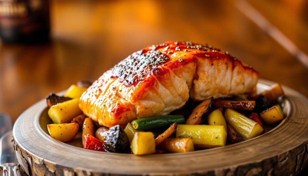A juicy, perfectly-seared salmon fillet rests atop a bed of seasoned, grilled vegetables, framed by a rustic wooden table. The salmon's glistening, caramelized exterior contrasts with its tender, flaky interior, a testament to the expert preparation techniques used in the Texas Roadhouse kitchen. Warm, golden lighting casts a cozy glow, highlighting the dish's natural richness. The arrangement is both visually appealing and evocative of the homestyle, down-to-earth ambiance that defines the Texas Roadhouse dining experience. A juicy, perfectly-seared salmon fillet rests atop a bed of seasoned, grilled vegetables, framed by a rustic wooden table. The salmon's glistening, caramelized exterior contrasts with its tender, flaky interior, a testament to the expert preparation techniques used in the Texas Roadhouse kitchen. Warm, golden lighting casts a cozy glow, highlighting the dish's natural richness. The arrangement is both visually appealing and evocative of the homestyle, down-to-earth ambiance that defines the Texas Roadhouse dining experience.
