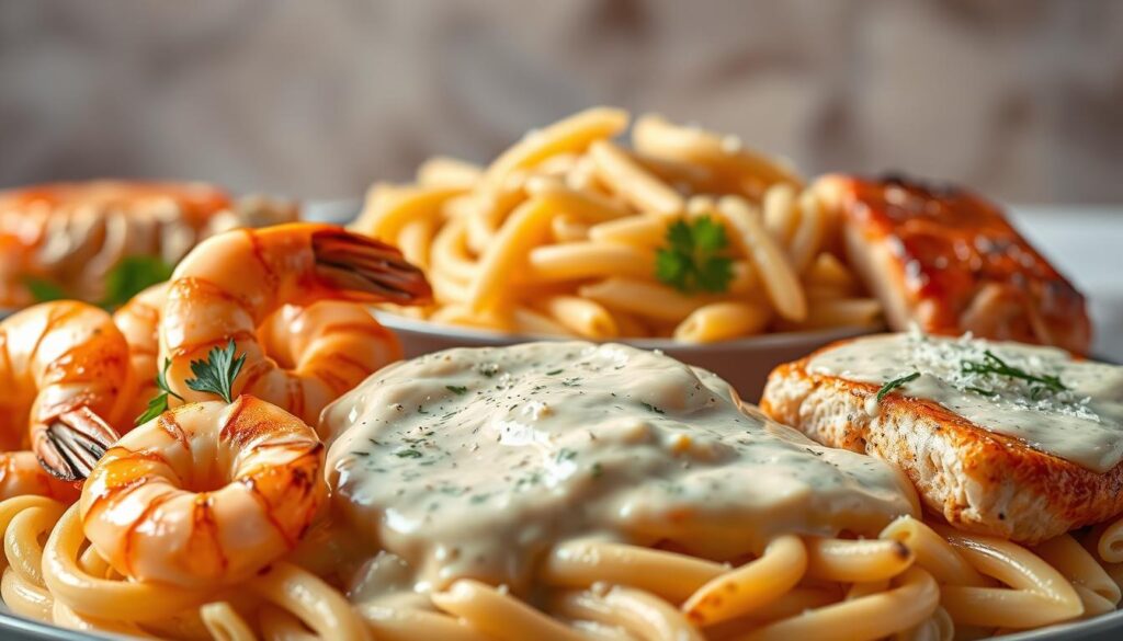 A lavish seafood tableau set against a softly blurred background. In the foreground, a generous helping of tender grilled shrimp and succulent salmon fillets, glistening with a rich, creamy Alfredo sauce. The middle ground features a steaming bowl of al dente penne pasta, the sauce enveloping each individual strand. Overhead, soft, even lighting casts a warm, inviting glow, highlighting the dish's luxurious textures and flavors. Delicate sprigs of fresh parsley and a dusting of Parmesan cheese complete the elegant presentation, creating a truly mouthwatering "Seafood Delight".