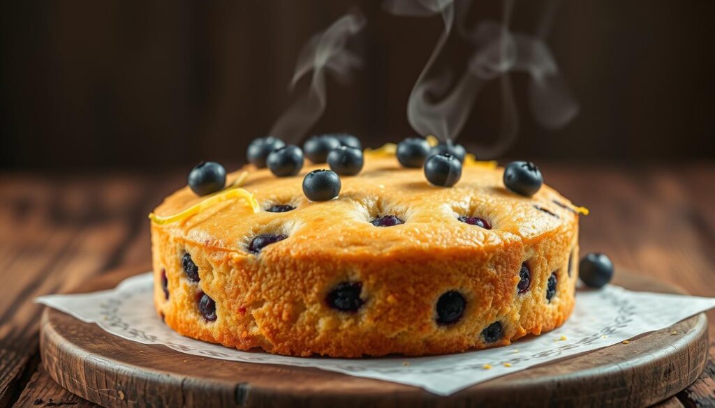 A luscious lemon blueberry cake sits on a rustic wooden table, its golden crust glistening in the soft, warm lighting. Delicate lemon zest and plump, juicy blueberries dot the moist, fluffy crumb, creating a captivating visual contrast. The cake is framed by a slight depth of field, drawing the eye to the inviting texture and layers. Wispy streams of steam rise from the freshly baked treat, hinting at the tantalizing aroma. The overall scene evokes a sense of homemade comfort and spring-time delight, perfectly suited to introduce the beloved lemon blueberry cake. A luscious lemon blueberry cake sits on a rustic wooden table, its golden crust glistening in the soft, warm lighting. Delicate lemon zest and plump, juicy blueberries dot the moist, fluffy crumb, creating a captivating visual contrast. The cake is framed by a slight depth of field, drawing the eye to the inviting texture and layers. Wispy streams of steam rise from the freshly baked treat, hinting at the tantalizing aroma. The overall scene evokes a sense of homemade comfort and spring-time delight, perfectly suited to introduce the beloved lemon blueberry cake.