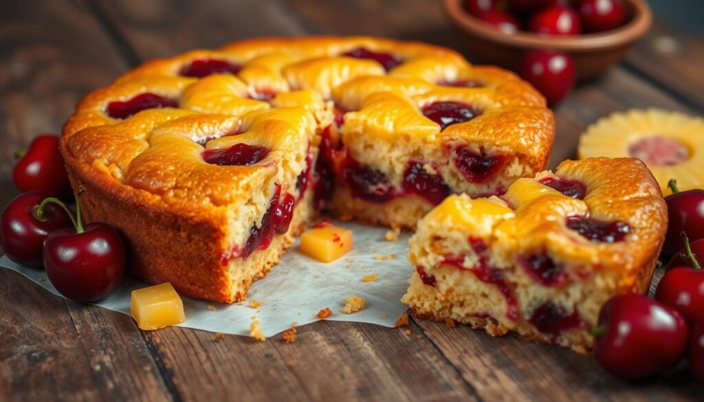 A luscious, moist cherry pineapple dump cake sits on a rustic wooden table, with a slice removed to reveal its tempting layers. The cake's golden crust glistens under warm, soft lighting, casting a cozy glow. Vibrant red cherries and juicy golden pineapple chunks are scattered around the cake, hinting at the delightful flavors within. The scene is captured from a low angle, emphasizing the cake's inviting presence and the textural contrast between the crisp crust and the soft, fruity interior. An atmosphere of homemade comfort and indulgence permeates the image.