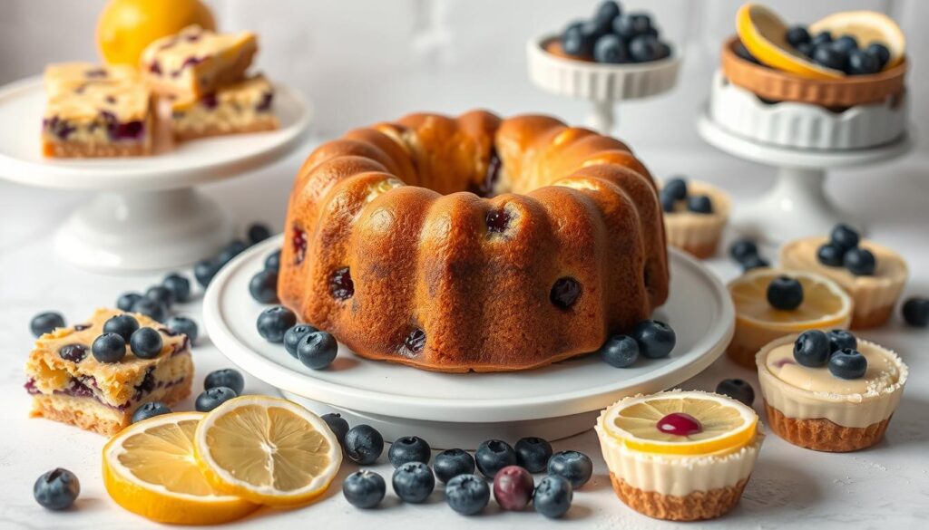 A lush, artfully composed still life showcasing an array of delectable lemon blueberry desserts. In the foreground, a freshly baked lemon blueberry pound cake sits atop a white ceramic platter, its golden-brown crust and sweet berry accents glistening under natural lighting. Surrounding the cake are an assortment of tempting treats - lemon bars with a crisp, buttery crust and tangy lemon filling, blueberry tarts with a flaky pastry shell and juicy, plump berries, and bite-sized lemon blueberry parfaits layered with creamy custard and fresh fruit. The middle ground features a selection of ripe, plump blueberries and lemon slices, while the background subtly fades into a soft, dreamy setting, conveying a sense of timeless elegance and indulgence. A lush, artfully composed still life showcasing an array of delectable lemon blueberry desserts. In the foreground, a freshly baked lemon blueberry pound cake sits atop a white ceramic platter, its golden-brown crust and sweet berry accents glistening under natural lighting. Surrounding the cake are an assortment of tempting treats - lemon bars with a crisp, buttery crust and tangy lemon filling, blueberry tarts with a flaky pastry shell and juicy, plump berries, and bite-sized lemon blueberry parfaits layered with creamy custard and fresh fruit. The middle ground features a selection of ripe, plump blueberries and lemon slices, while the background subtly fades into a soft, dreamy setting, conveying a sense of timeless elegance and indulgence.