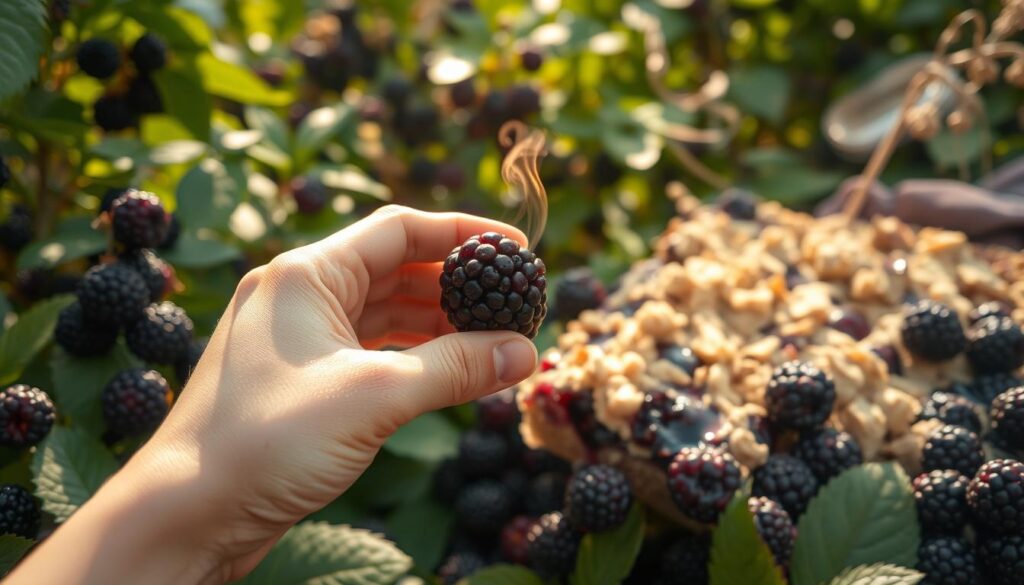 A lush, overripe blackberry patch, its dark, juicy berries teeming with creative ideas. Sunlight filters through the canopy, casting a warm, golden glow upon the scene. Delicate tendrils of steam rise from the crumbled topping of a freshly baked blackberry bar, its buttery scent drifting through the air. In the foreground, a hand reaches to pluck a ripe berry, its inky juice staining the fingertips. The background blurs softly, hinting at a cozy kitchen waiting to be filled with the comforting flavors of this delectable treat. A lush, overripe blackberry patch, its dark, juicy berries teeming with creative ideas. Sunlight filters through the canopy, casting a warm, golden glow upon the scene. Delicate tendrils of steam rise from the crumbled topping of a freshly baked blackberry bar, its buttery scent drifting through the air. In the foreground, a hand reaches to pluck a ripe berry, its inky juice staining the fingertips. The background blurs softly, hinting at a cozy kitchen waiting to be filled with the comforting flavors of this delectable treat.
