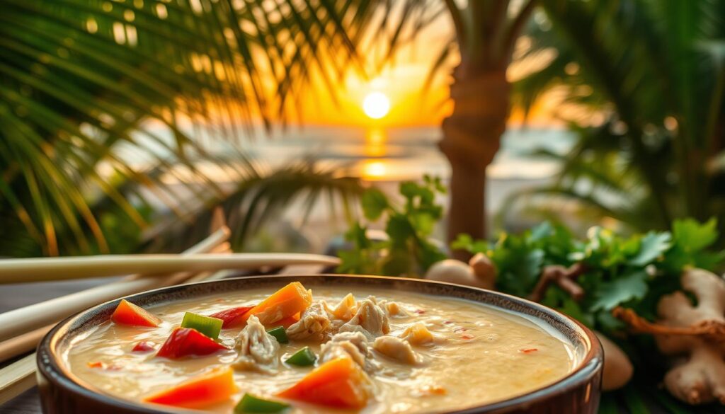 A lush, vibrant tropical scene featuring a steaming bowl of fragrant coconut chicken curry. In the foreground, the curry glistens with creamy coconut milk, dotted with tender shredded chicken and colorful slices of red and green bell peppers. The middle ground showcases a vibrant array of fresh herbs and spices, including lemongrass, ginger, and cilantro, arranged artfully around the bowl. In the background, a backdrop of lush palm fronds and a golden sunset sky evokes a serene, relaxing ambiance. The lighting is soft and warm, highlighting the rich, inviting colors of the dish. Captured with a wide-angle lens, the image conveys the comforting and nourishing benefits of this delicious coconut chicken curry. A lush, vibrant tropical scene featuring a steaming bowl of fragrant coconut chicken curry. In the foreground, the curry glistens with creamy coconut milk, dotted with tender shredded chicken and colorful slices of red and green bell peppers. The middle ground showcases a vibrant array of fresh herbs and spices, including lemongrass, ginger, and cilantro, arranged artfully around the bowl. In the background, a backdrop of lush palm fronds and a golden sunset sky evokes a serene, relaxing ambiance. The lighting is soft and warm, highlighting the rich, inviting colors of the dish. Captured with a wide-angle lens, the image conveys the comforting and nourishing benefits of this delicious coconut chicken curry.