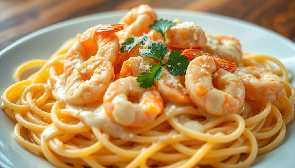 A luxurious spread of creamy Alfredo sauce, glistening with a blend of sautéed shrimp and tender salmon fillets, artfully nestled atop a bed of al dente pasta. The rich, velvety sauce coats each strand, complemented by the briny notes of the seafood. Delicate parsley leaves and a sprinkle of freshly grated Parmesan cheese add a vibrant finishing touch, while soft lighting casts a warm, inviting glow over the sumptuous dish. Captured at a medium close-up angle, the image showcases the depth of flavor and decadence of this indulgent seafood Alfredo masterpiece.