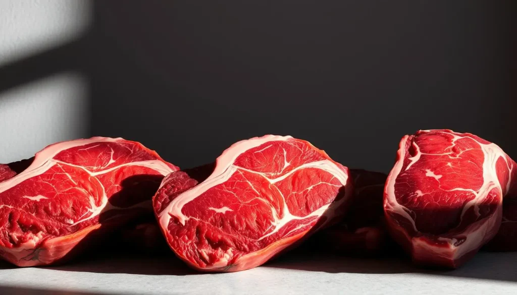 A meticulously arranged display of premium ribeye steaks, each cut showcasing its distinctive marbling and vibrant red hue. The steaks are positioned against a neutral, softly-lit backdrop, allowing their natural beauty to take center stage. Dramatic shadows cast by the dramatic sidelighting create a sense of depth and texture, drawing the viewer's attention to the succulent, well-aged cuts of beef. The overall composition evokes an atmosphere of culinary excellence, inviting the viewer to imagine the rich, beefy flavor and tender mouthfeel of these essential ingredients for the perfect oven-roasted ribeye steak dish. A-meticulously-arranged-display-of-premium-ribeye-steaks-each-cut-showcasing-its-distinctive