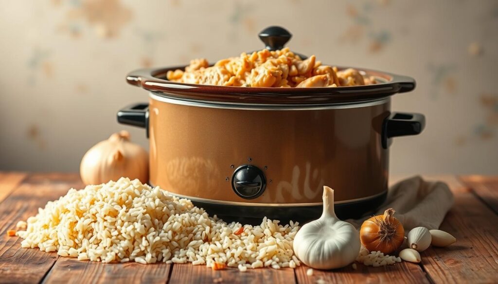 A meticulously arranged still life featuring a classic crock pot filled with a hearty chicken and rice dish. The pot sits atop a rustic wooden table, its savory aroma wafting through the air. Surrounding the pot are the essential ingredients - tender chicken thighs, fragrant long-grain rice, diced onions, and aromatic garlic cloves. Warm, diffused lighting casts a golden glow, highlighting the rich, creamy textures of the dish. The scene conveys a sense of comforting simplicity, inviting the viewer to imagine the satisfying flavors of this no-fuss, one-pot meal. A meticulously arranged still life featuring a classic crock pot filled with a hearty chicken and rice dish. The pot sits atop a rustic wooden table, its savory aroma wafting through the air. Surrounding the pot are the essential ingredients - tender chicken thighs, fragrant long-grain rice, diced onions, and aromatic garlic cloves. Warm, diffused lighting casts a golden glow, highlighting the rich, creamy textures of the dish. The scene conveys a sense of comforting simplicity, inviting the viewer to imagine the satisfying flavors of this no-fuss, one-pot meal.