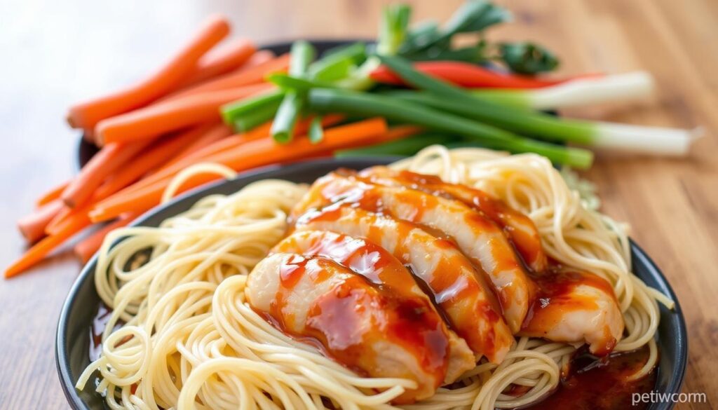 A meticulously arranged still life of the essential ingredients for delectable chicken teriyaki noodles. In the foreground, glistening slices of tender chicken thighs marinated in a savory teriyaki sauce, alongside a pile of fresh, chewy udon noodles. In the middle ground, a collection of vibrant vegetables - crunchy carrots, crisp snap peas, and aromatic scallions - waiting to be added to the dish. The background features a wooden table surface, with a touch of natural light illuminating the scene, creating a warm and inviting atmosphere. The overall composition conveys the mouthwatering flavors and textures that will come together in this quick and flavorful chicken teriyaki noodle dish.