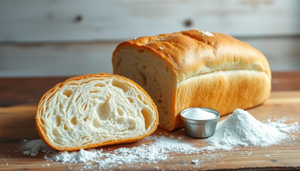 A meticulously crafted loaf of freshly baked homemade white bread sits proudly on a rustic wooden table, its golden-brown crust glistening under the soft, warm lighting. The plump, fluffy interior is visible through a clean slice, revealing the bread's pillowy texture and inviting aroma. Alongside, a scattering of essential ingredients - flour, yeast, salt, and water - are artfully arranged, hinting at the simple, time-honored process that created this culinary masterpiece. The scene exudes a sense of comfort, tradition, and the rewarding satisfaction of homemade baking. A meticulously crafted loaf of freshly baked homemade white bread sits proudly on a rustic wooden table, its golden-brown crust glistening under the soft, warm lighting. The plump, fluffy interior is visible through a clean slice, revealing the bread's pillowy texture and inviting aroma. Alongside, a scattering of essential ingredients - flour, yeast, salt, and water - are artfully arranged, hinting at the simple, time-honored process that created this culinary masterpiece. The scene exudes a sense of comfort, tradition, and the rewarding satisfaction of homemade baking.