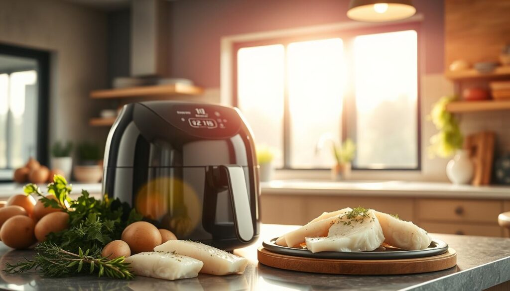 A modern, well-lit kitchen interior with a sleek, black air fryer prominently placed on the counter. The air fryer is in focus, surrounded by various fresh ingredients like cod fillets, potatoes, and aromatic herbs. Warm, natural lighting streams in from a large window, casting a soft glow over the scene. The overall atmosphere is one of culinary experimentation and delightful anticipation, inviting the viewer to imagine the delicious, crispy cod that will soon emerge from the air fryer. A modern, well-lit kitchen interior with a sleek, black air fryer prominently placed on the counter. The air fryer is in focus, surrounded by various fresh ingredients like cod fillets, potatoes, and aromatic herbs. Warm, natural lighting streams in from a large window, casting a soft glow over the scene. The overall atmosphere is one of culinary experimentation and delightful anticipation, inviting the viewer to imagine the delicious, crispy cod that will soon emerge from the air fryer.