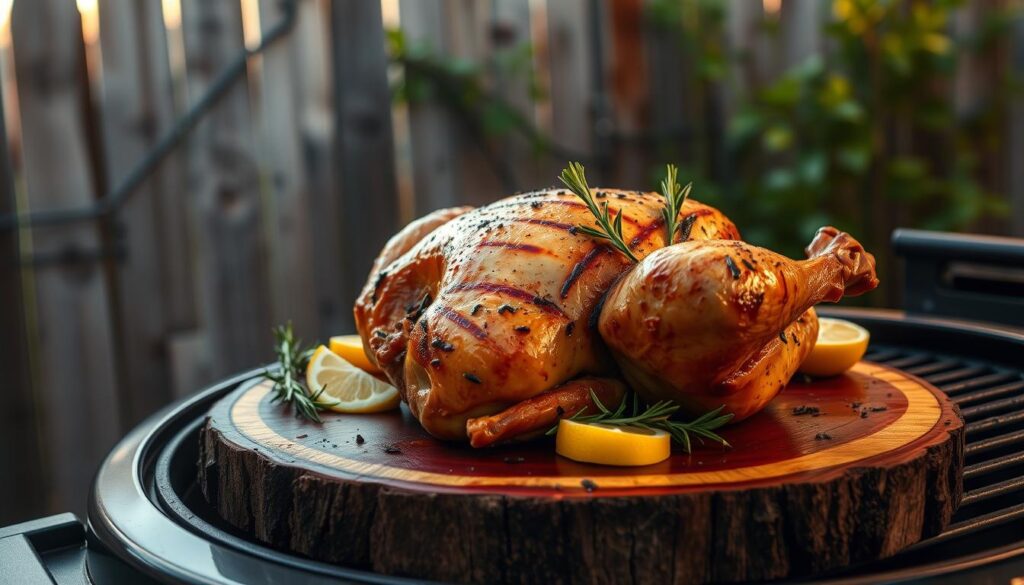 A mouth-watering Traeger BBQ chicken, perfectly grilled with a golden-brown exterior and juicy, tender meat. The bird is placed atop a rustic wooden platter, garnished with fresh rosemary sprigs and lemon wedges. Warm, ambient lighting casts a cozy glow, highlighting the grill's signature smoky aroma. The scene is captured from a low angle, emphasizing the succulent bird's prominence and the Traeger's quality craftsmanship. In the background, a weathered wooden fence and lush green foliage suggest a serene, backyard setting, inviting the viewer to envision themselves enjoying this delectable dish. A mouth-watering Traeger BBQ chicken, perfectly grilled with a golden-brown exterior and juicy, tender meat. The bird is placed atop a rustic wooden platter, garnished with fresh rosemary sprigs and lemon wedges. Warm, ambient lighting casts a cozy glow, highlighting the grill's signature smoky aroma. The scene is captured from a low angle, emphasizing the succulent bird's prominence and the Traeger's quality craftsmanship. In the background, a weathered wooden fence and lush green foliage suggest a serene, backyard setting, inviting the viewer to envision themselves enjoying this delectable dish.