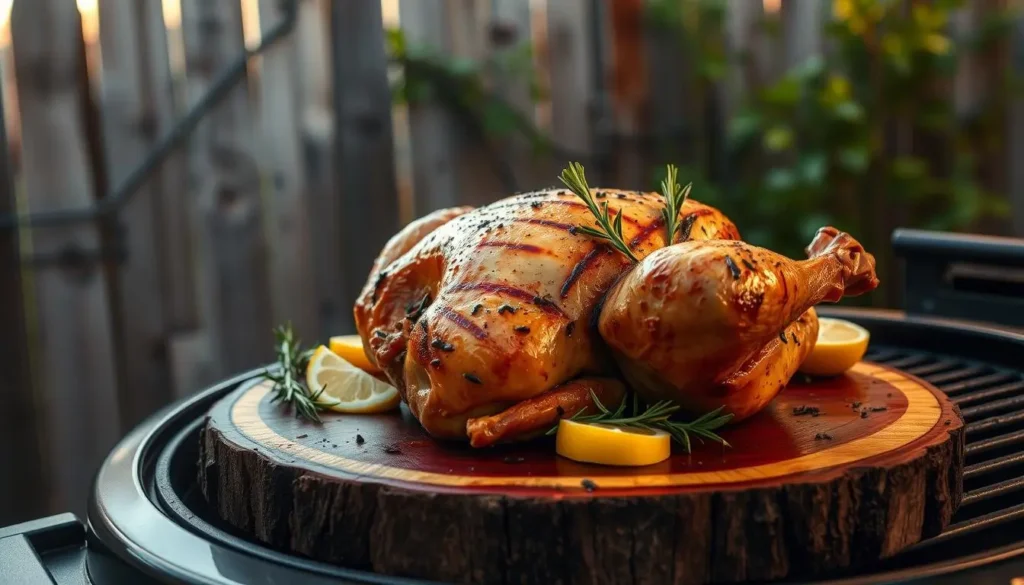 A mouth-watering Traeger BBQ chicken, perfectly grilled with a golden-brown exterior and juicy, tender meat. The bird is placed atop a rustic wooden platter, garnished with fresh rosemary sprigs and lemon wedges. Warm, ambient lighting casts a cozy glow, highlighting the grill's signature smoky aroma. The scene is captured from a low angle, emphasizing the succulent bird's prominence and the Traeger's quality craftsmanship. In the background, a weathered wooden fence and lush green foliage suggest a serene, backyard setting, inviting the viewer to envision themselves enjoying this delectable dish. A-mouth-watering-Traeger-BBQ-chicken-perfectly-grilled-with-a-golden-brown-exterior-and-juicy