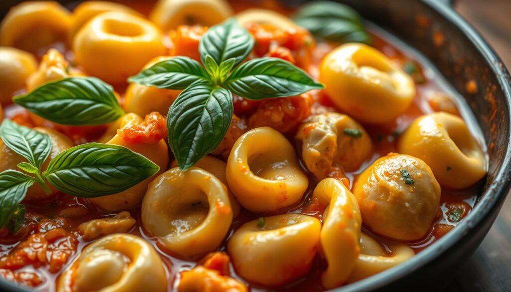A mouth-watering close-up of a hearty serving of fresh chicken tortellini, nestled in a skillet with a vibrant sauce. The tortellini are plump and glistening, their pasta shells a delicate golden hue. Tender chicken pieces are interspersed throughout, adding a savory element. The sauce is a rich, creamy tomato-based blend, with hints of garlic and herbs. Vibrant green basil leaves are scattered over the top, adding a fresh, fragrant touch. The composition is framed by the rustic edges of the cast-iron skillet, creating a homey, inviting atmosphere. Soft, warm lighting illuminates the scene, casting a cozy glow and enhancing the appetizing appearance of the dish.