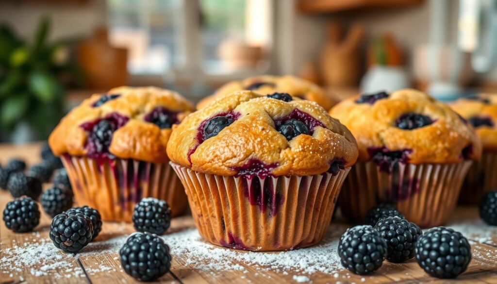 A mouth-watering close-up of freshly baked blackberry muffins, their golden-brown tops speckled with juicy blackberries. The muffins are arranged on a rustic wooden table, surrounded by a scattering of ripe blackberries and a dusting of powdered sugar. Warm, inviting lighting casts a soft glow, highlighting the tempting texture of the muffins. In the background, a blurred window reveals a cozy, inviting kitchen, hinting at the comforting, homemade atmosphere. The scene evokes a sense of wholesome, natural goodness and the alluring aroma of just-baked treats. A mouth-watering close-up of freshly baked blackberry muffins, their golden-brown tops speckled with juicy blackberries. The muffins are arranged on a rustic wooden table, surrounded by a scattering of ripe blackberries and a dusting of powdered sugar. Warm, inviting lighting casts a soft glow, highlighting the tempting texture of the muffins. In the background, a blurred window reveals a cozy, inviting kitchen, hinting at the comforting, homemade atmosphere. The scene evokes a sense of wholesome, natural goodness and the alluring aroma of just-baked treats.