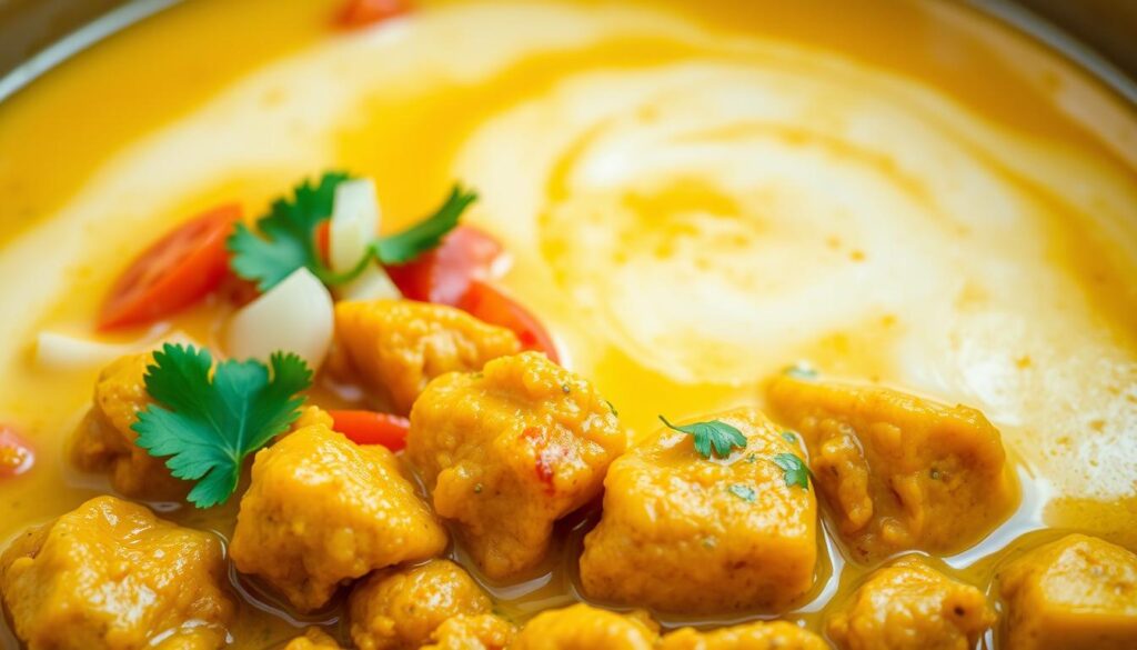 A mouth-watering coconut chicken curry dish, simmering in a rich, creamy sauce. In the foreground, tender chunks of juicy chicken coated in a vibrant yellow-orange hue, infused with aromatic spices like turmeric, cumin, and coriander. The middle ground showcases a colorful medley of fresh vegetables - sliced onions, diced tomatoes, and fragrant cilantro leaves. In the background, a swirl of thick, velvety coconut milk creates a luscious, soothing backdrop. Warm, ambient lighting casts a cozy glow, evoking the comforting, homemade feel of this authentic, flavorful dish. The overall scene invites the viewer to savor the tantalizing aroma and dive into this delectable coconut chicken curry. A mouth-watering coconut chicken curry dish, simmering in a rich, creamy sauce. In the foreground, tender chunks of juicy chicken coated in a vibrant yellow-orange hue, infused with aromatic spices like turmeric, cumin, and coriander. The middle ground showcases a colorful medley of fresh vegetables - sliced onions, diced tomatoes, and fragrant cilantro leaves. In the background, a swirl of thick, velvety coconut milk creates a luscious, soothing backdrop. Warm, ambient lighting casts a cozy glow, evoking the comforting, homemade feel of this authentic, flavorful dish. The overall scene invites the viewer to savor the tantalizing aroma and dive into this delectable coconut chicken curry.