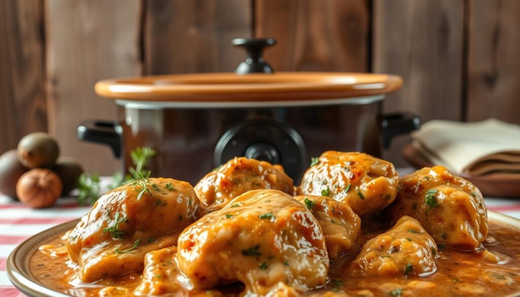 A mouth-watering slow-cooked chicken dish set against a rustic wooden backdrop. In the foreground, a rich, creamy sauce glistens, infused with aromatic garlic, herbs, and tender chicken thighs. The middle ground features a classic crock pot, its ceramic interior radiating warmth. In the background, a simple country-style tablecloth and simple, natural lighting create a cozy, inviting atmosphere. The overall scene evokes a sense of comfort, home-cooked goodness, and the promise of a delectable and irresistible "marry me" chicken recipe. A mouth-watering slow-cooked chicken dish set against a rustic wooden backdrop. In the foreground, a rich, creamy sauce glistens, infused with aromatic garlic, herbs, and tender chicken thighs. The middle ground features a classic crock pot, its ceramic interior radiating warmth. In the background, a simple country-style tablecloth and simple, natural lighting create a cozy, inviting atmosphere. The overall scene evokes a sense of comfort, home-cooked goodness, and the promise of a delectable and irresistible "marry me" chicken recipe.