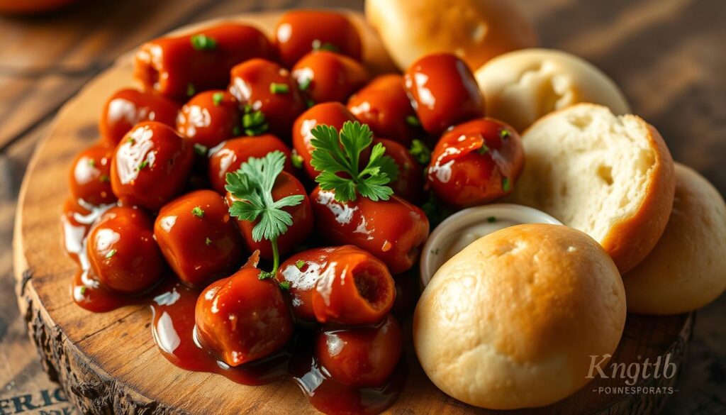 A mouthwatering arrangement of bite-sized BBQ Little Smokies nestled on a rustic wooden surface. The sausages, bathed in a glistening, tangy sauce, are garnished with fresh parsley sprigs, adding a vibrant pop of color. Soft, doughy rolls are arranged nearby, inviting the viewer to imagine dipping and savoring these delectable morsels. The scene is illuminated by warm, golden lighting, casting a cozy, homemade ambiance. The camera angle captures the dish from a slightly elevated perspective, showcasing the appetizing details. An irresistible invitation to indulge in the simple pleasures of this classic BBQ appetizer. A mouthwatering arrangement of bite-sized BBQ Little Smokies nestled on a rustic wooden surface. The sausages, bathed in a glistening, tangy sauce, are garnished with fresh parsley sprigs, adding a vibrant pop of color. Soft, doughy rolls are arranged nearby, inviting the viewer to imagine dipping and savoring these delectable morsels. The scene is illuminated by warm, golden lighting, casting a cozy, homemade ambiance. The camera angle captures the dish from a slightly elevated perspective, showcasing the appetizing details. An irresistible invitation to indulge in the simple pleasures of this classic BBQ appetizer.